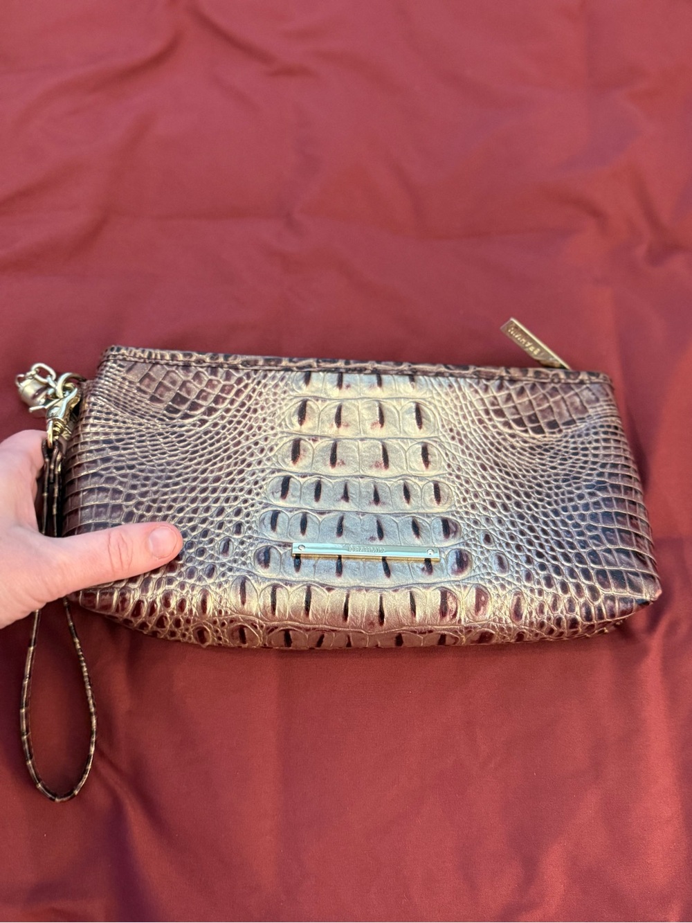 Brahmin Metallic Bronze Croc-Embossed Wristlet Clutch